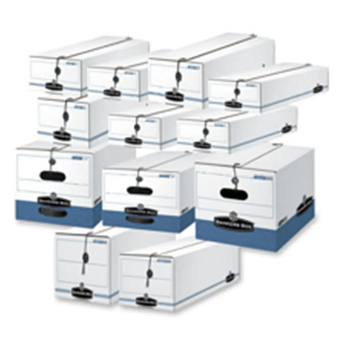 Fellowes Mfg. Co. Reinforced Plastic File Boxes (12-CT) - 9in x 23in x 4in Rectangular, Stackable Storage Bins, String-and-Button Secure Closure, Maximum Security, WE-BE Shelving Compatible Office Organizer