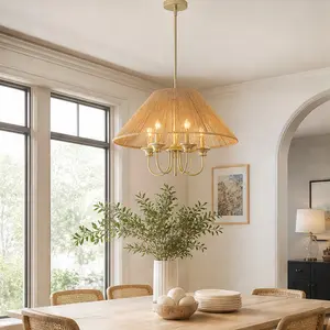 ARCH Boho Pendant Light Fixture with 15cm Down Rod, Beige Paper Rope Lampshade, Iron Canopy, 5-Light E12 Base, Warm Ambient Hanging Ceiling Lamp for Dining Room Kitchen Living Room, 30cm/50cm Rod Options, Beige+yellow Color Options