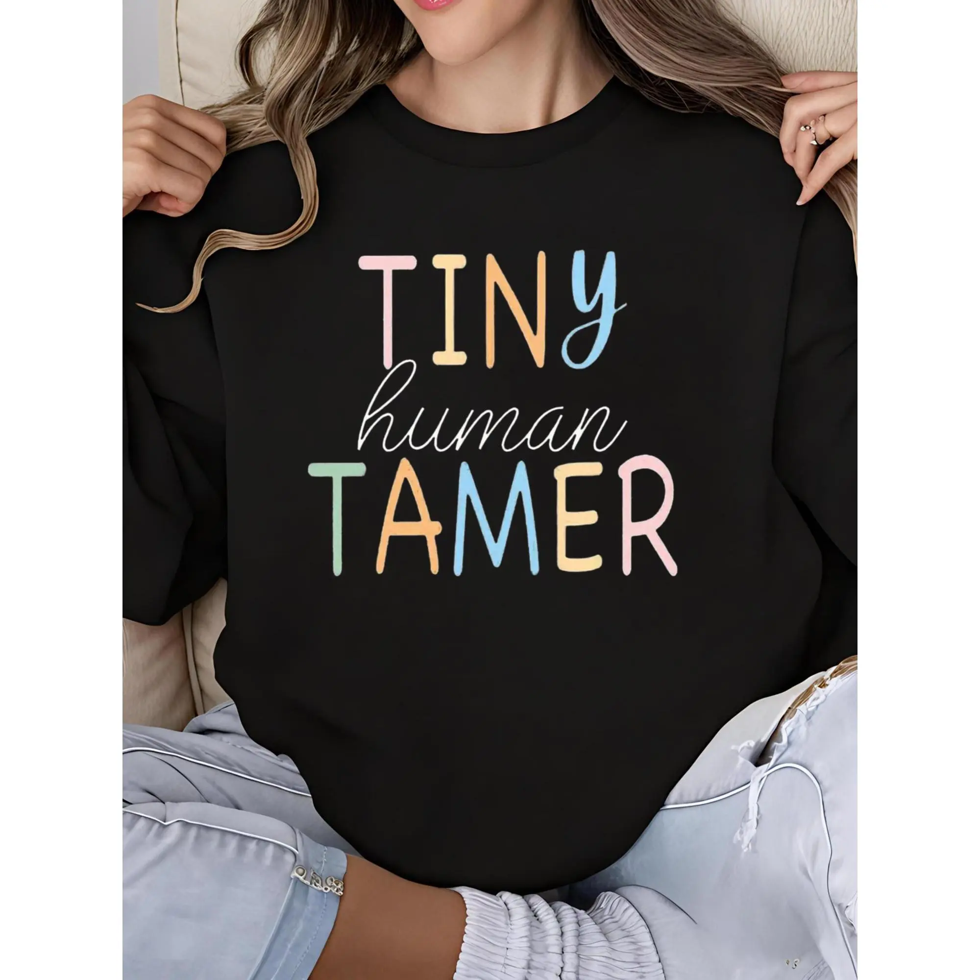 Women's Casual Fitted Round Neck Long Sleeve Graphic Sweatshirt - Funny Tiny Human Tamer Design, Kindergarten & Elementary School Teacher Tops, Cute Educator Gifts