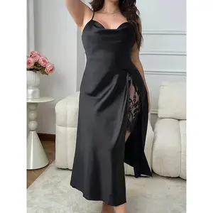 Elegant Plus Size Women's Sleep Dress - Satin Long Slip With Lace Detail And Side Slit, Comfortable Polyester, Machine Washable, Plus Size Nightgown