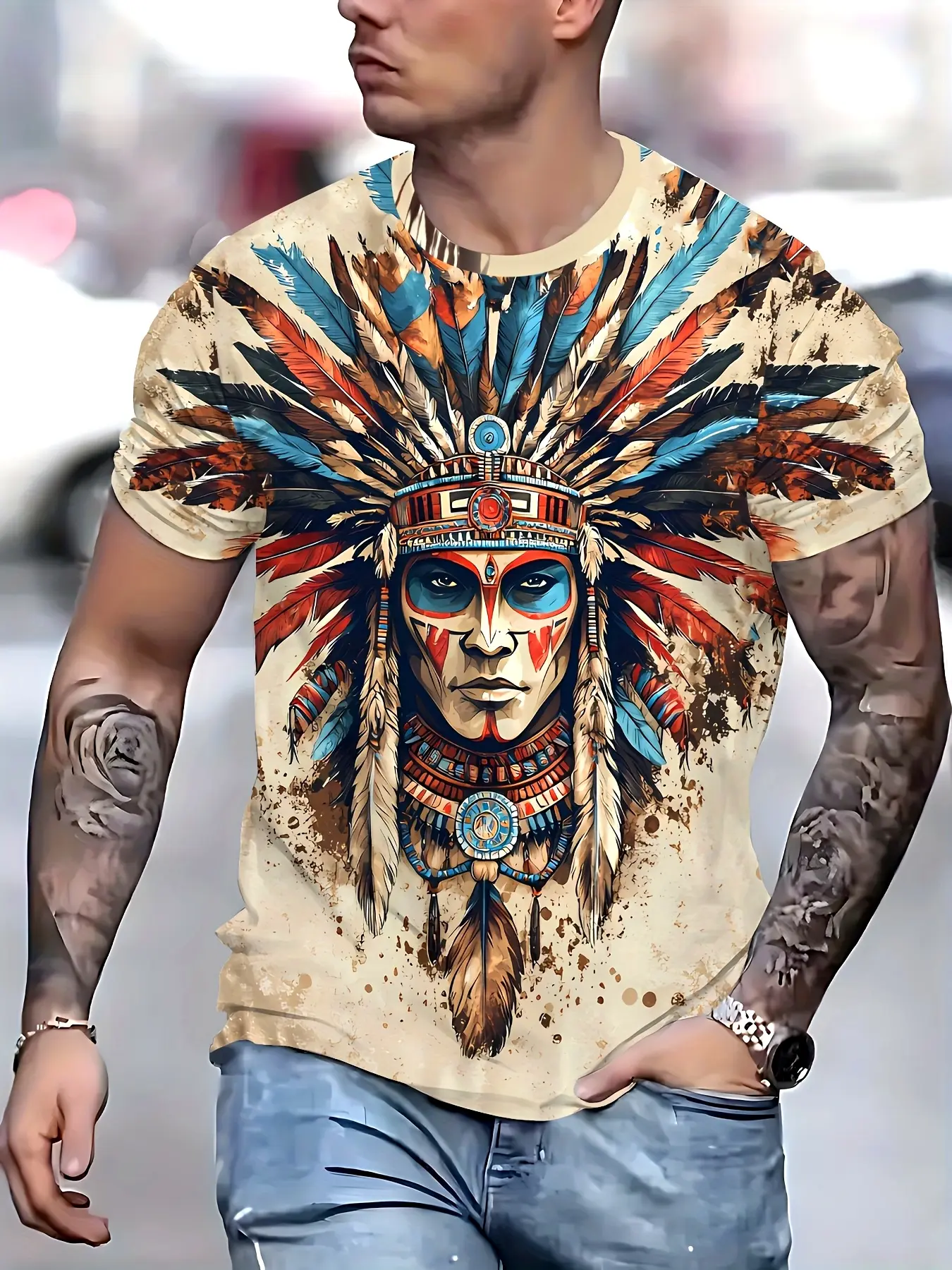 Printed Design – Not Textured Men's Indigenous Chief Print T-Shirt - Tribal Headdress and Feather Design, Vibrant Colors, Polyester Fabric, Comfortable Casual Wear, Suitable for Cultural Events and Leisure Occasions - Men's Ethnic Style  T-Shirt