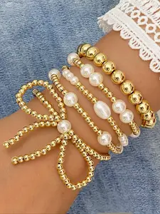 Bows Pearl Hand Chain 5 Piece Set, Casual Style, Plain Pattern, Alloy Material, All Seasons Accessory, No Choking Hazard, Pearl Beaded Bracelet, Pearl Bracelets