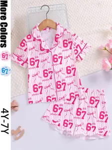 Fire Retardant Fabric Sleepwear Set, Cute Cartoon Print, Short Sleeve Open Front Top & Loose Elastic Shorts, All Seasons, Pajama Set