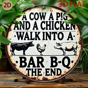 Vintage-Style Farm Animal Humor Metal Sign – Round Decorative Sign – Perfect for Kitchen, Bar, or Barbecue Space – 2D Flat, Farm Animal Themed Wall Decor