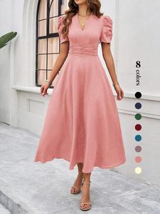 women's plain ruched puff sleeve v neck a line dress, elegant short sleeve zipper back long dress for party holiday wedding guest, ladies clothes for summer, chic shortsleeve womenswear
