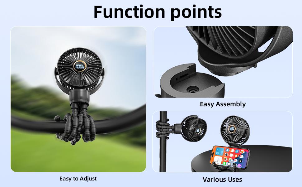 [Frsara] 2026 upgrade Led Portable Stroller Mini Fan Octopus fan, Rechargeable Portable Fan, 360°Rotatable, 3-Speed, Stroller Fan, Flexible Tripod for Treadmill, Golf Cart, Bike, car, Ideal for Beach, Camping, Outdoor