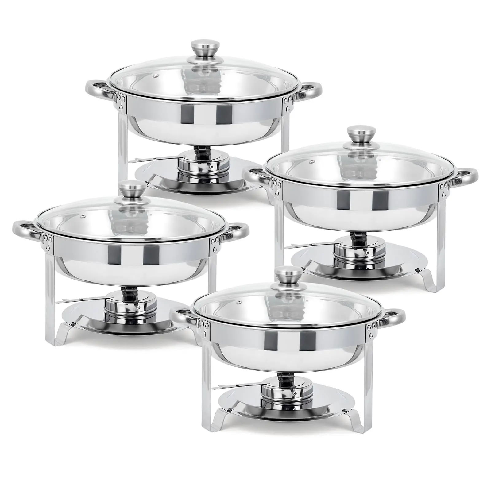 Sturdy 4-Unit 5QT Round Stainless Steel Chafing Dish Warmer Set - Kitchenware with Glass Lids, Fuel Holders, Food Pans, Heat Retention, Insulated Casserole Dish - Ideal for Weddings, Parties
