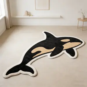 Orca shaped irregular carpet, black apricot contrasting velvet floor mat, living room anti slip and wear-resistant foot mat, ocean style space decoration mat, suitable for ins style/fresh natural style home decoration, Living Room Rug