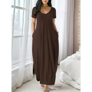Women's Long Coffee Dress, Large Round Neck Short Sleeve Pocket Sleepwear, Casual Home Clothing Soft Fabric All Seasons Wear..