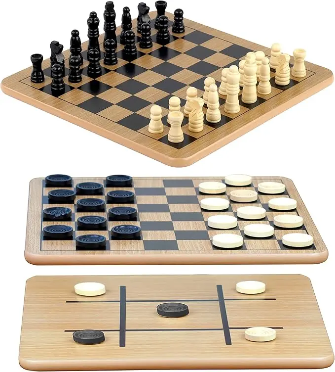 Reversible Wooden Chess, Checkers & Tic-Tac-Toe Board Game - 24 Interlocking Wooden Checkers, 32 Standard Chess Pieces - for Ages 8+ Adults, Family Fun