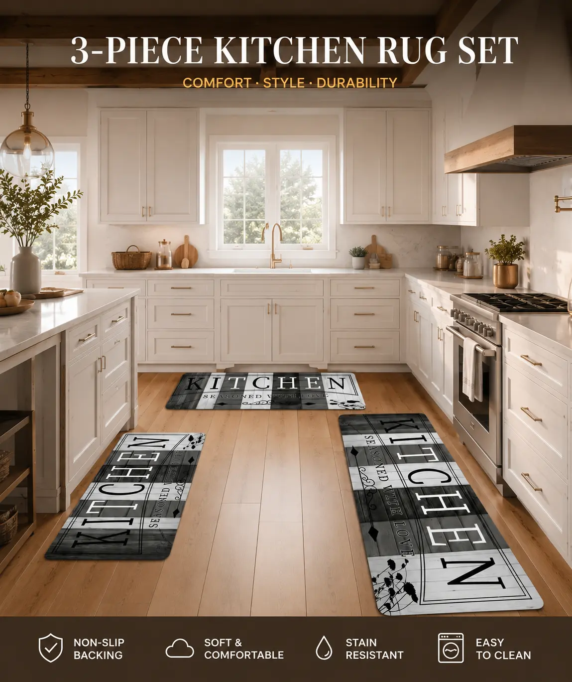 3 Piece Kitchen Rug Set Washable Non Slip Absorbent Floor Mats, Soft Runner Rugs for Kitchen Laundry Room Hallway Bathroom Bedroom