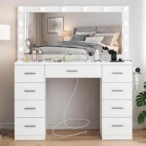 Fabiula Lighted Vanity Table, Modern Glass Desktop Makeup Vanity Desk with 9 Drawers, 12 LED Lights & Large Flexible-Lighting Mirror, Aesthetic Indoor Furniture for Bedroom