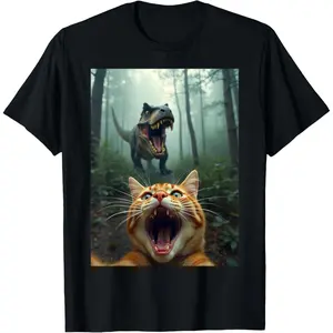 Casual Cotton shortsleeve tees Cat Selfie With T-Rex Dinosaur T-Shirt
