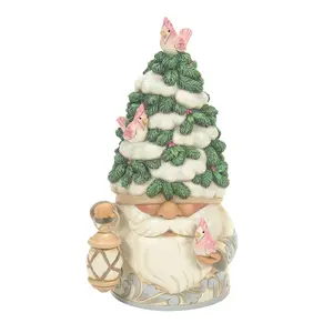 Jim Shore White Woodland Gnome With Evergreen Tree Hat Figurine, 7.09"