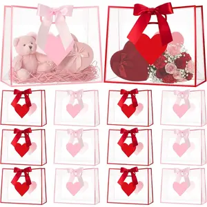 12 Pcs Mother's Day Heart Clear Gift Bags with Handles, Pink and Red Transparent Gift Bags with Ribbons, Large 12 x 10 x 5 Inch Reusable Goodie Bag for Mom, Grandma, Parties & Events