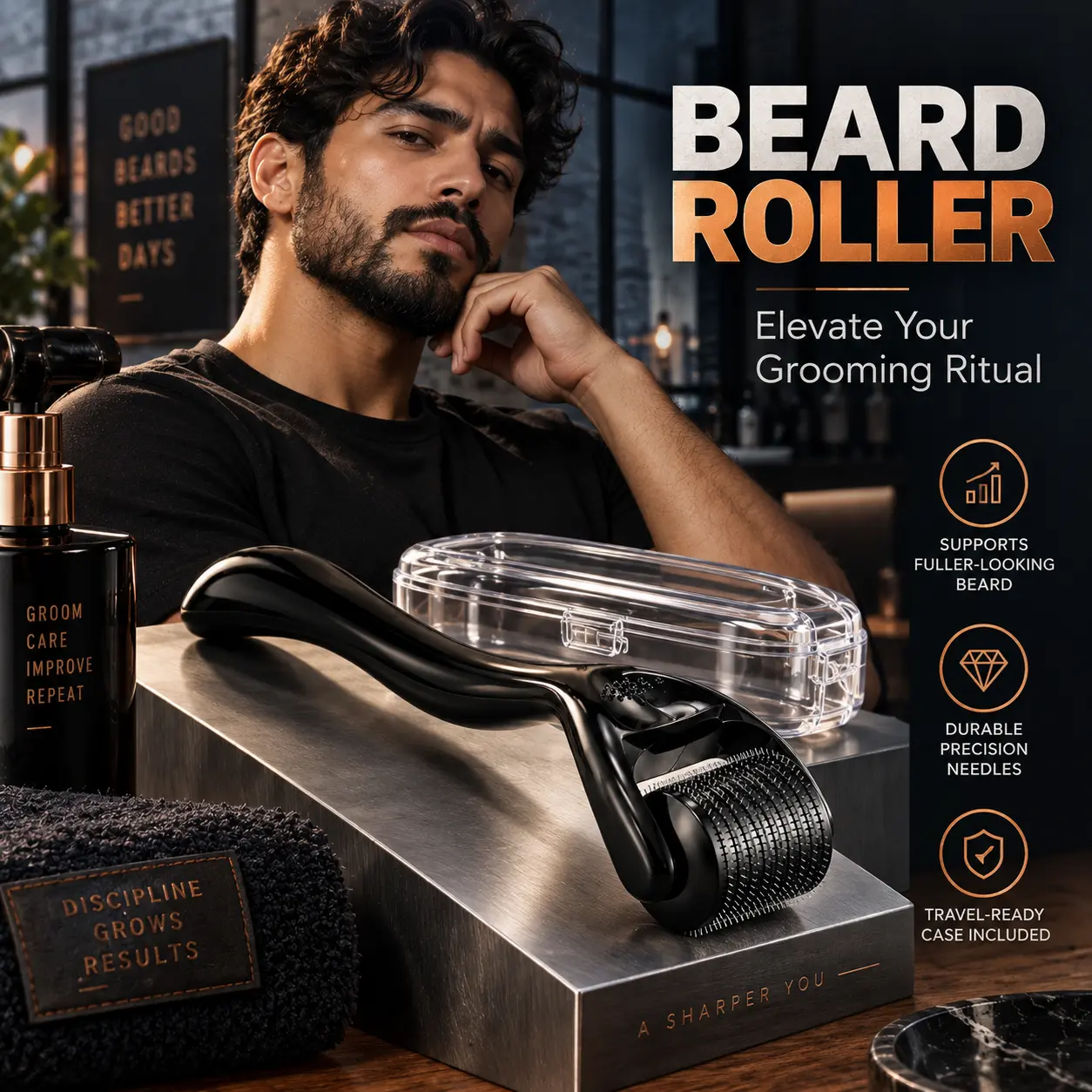Derma Roller for Beard Growth for Men, 0.25mm 540 Titanium Needles, Beard Roller Microneedling Tool for Face Scalp Hair, Men’s Grooming Microneedle Roller with Ergonomic Handle, Protective Storage Case, Travel Friendly