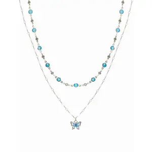 Cider GEMSTONE & BUTTERFLY PENDANT LAYERED NECKLACE