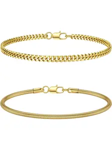 2Pcs Bracelet for Men Stackable Chain Bracelet for Men Boys Mens Bracelets Stainless Steel 14K Gold Cuff Bangle Snake Cuban Link Chain Bracelets 19/21CM Gifts for Men Dad Husband Son