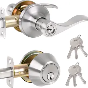 Keyed Alike Front Door Lever Lockset with Single Cylinder Deadbolt Satin Nickel Finish Wave Style Entry Door Knob Set ANSI Grade 3 Certified