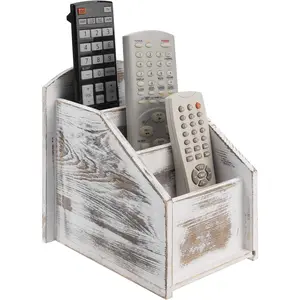 Remote Control Holder,TV Remote Holder,Whitewashed  Remote  for Table,Remote Control Organizer  with 3 Compartments, TV Remote Media Remote Storage Box for Living Room