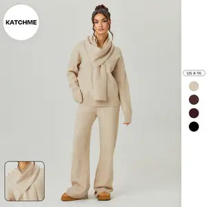 KatchMe Women's Basic Solid Color V-Neck Long Sleeve Sweater with Scarf & Wide Leg Trousers Co-ord, Cozy Fall & Winter Outfits, Knit Womenswear