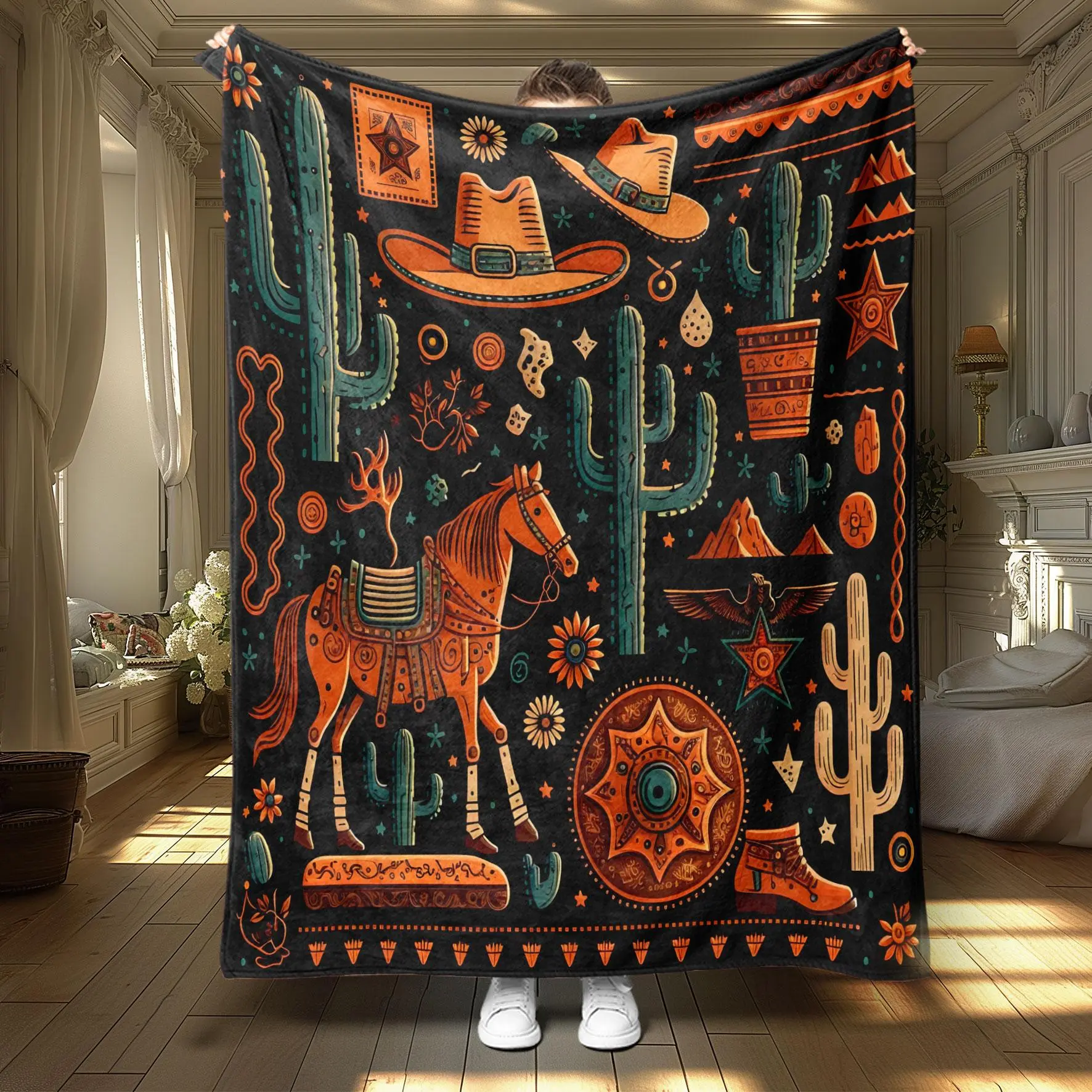 Western Themed Blanket, 1 Count Cactus & Cowboy Pattern Soft Throw Blanket, Air-Conditioned Room Blanket, Nap Blanket For Home Office Travel Camping