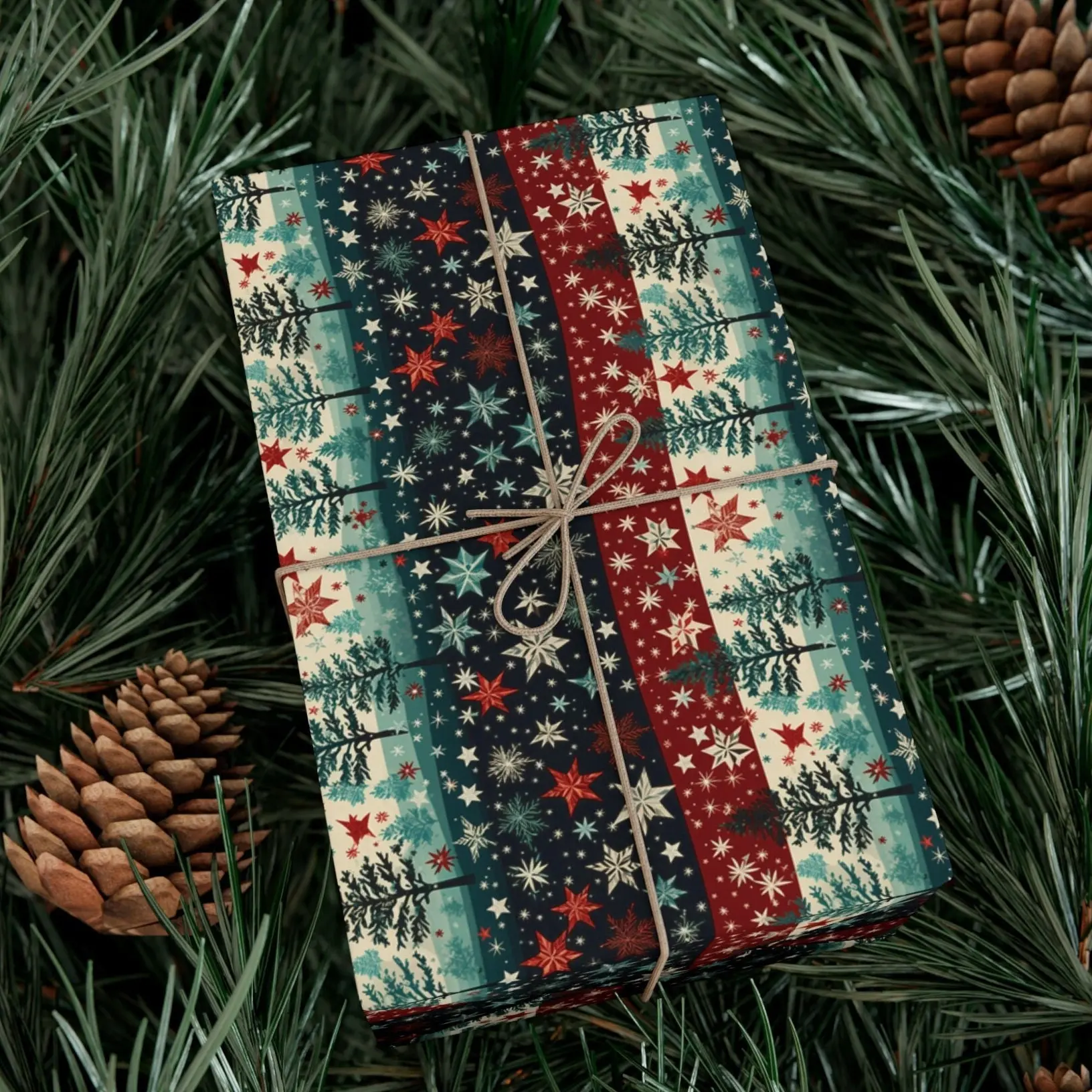Midnight Magic Gift Wrap Christmas Tree and Star Teal and Maroon Christmas Wrapping Paper Ugly Christmas Sweater Wrapping Paper Snowflake