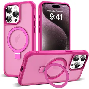 TechGuard Compatible with iPhone 15 Pro Max Case with Invisible Magnetic O-Ring Stand Military-Grade Translucent Case for iPhone 15 ProMax 6.7" Rose Black with Great Grip Feeling
