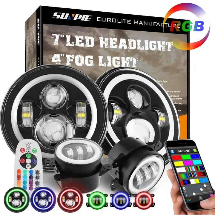 Sunpie 7" RGBW Halo LED Headlight with 4" Cree Fog Light Combo Kit for '07-'18 Jeep Wrangler JK JKU