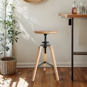 LOKKHAN Adjustable Height Swivel Bar Stool - Industrial Rustic Style, Solid Oak Wood Seat and Frame, 24.8"-28.7", Natural Finish, Anti-Slip Pads - Perfect for Kitchen, Bar, Counter, Home - Heavy Duty
