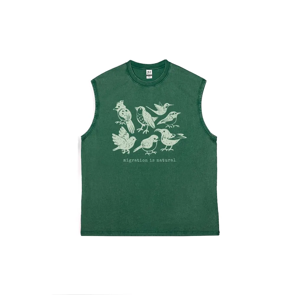 Men's Vintage Washed Tank Top, "Migration Is Natural" Graphic Print, 100% Cotton Relaxed Fit Streetwear, Breathable Fabric, Distressed Look, Pure Cotton, Mensfashion, Tshirt, Retro, Soft, Sleeveless, Cargo, Casual Fit