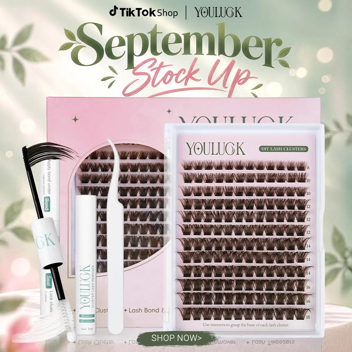 YOULUCK Brown Enchantress Lash Cluster Kit, Soft Natural Eyelashes with Ultra-Thin Band, Lightweight False Lashes Set Including Adhesive, Glue Remover & Tweezer for Easy At-Home Application