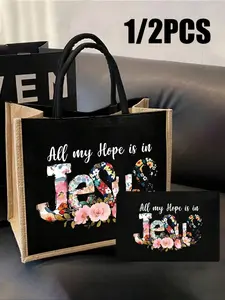 Women’S Linen Travel & Beach Bag, All My Hope Is In Jesus Tote With Matching Cosmetic Pouch, Lightweight, Easy-Clean Linen-Feel Fabric, Large-Capacity Multi-Pocket Handbag With Zipper, Inner Pockets & Sturdy Handles, Top Handle Tote