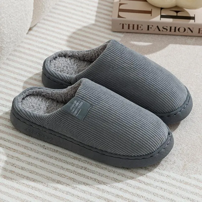 Elegant Winter Warm Slippers for Men and Women Gray Corduroy Comfortable Home Couple Shoes with Warm Pleasant Color Scheme