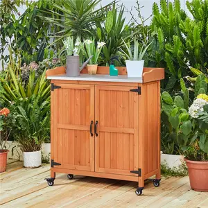 【4 Castors】Yaheetech Garden Potting Bench Table with 2 Lockable Castors, Rolling Outdoor Garden Wooden Storage Cabinet, Work Bench Metal Tabletop, Solid Wood Planting Bench with Cabinet