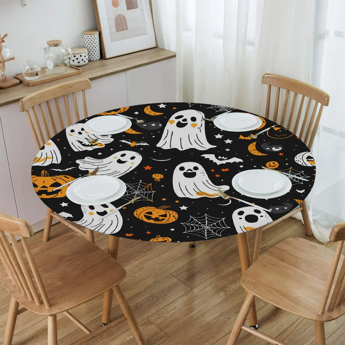 Halloween Ghost Elastic-Edge Fitted Round Tablecloth, Waterproof Heat-Resistant Kitchen Linens, 40-44 Inches Round Table Cover for Halloween Decorations, Birthday Holiday Party Use