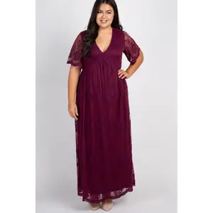 PinkBlush Burgundy Lace Mesh Overlay Plus Maxi Dress