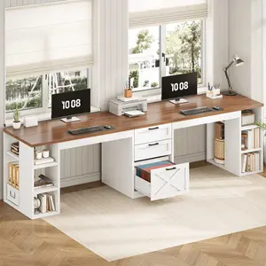 SEDETA 96.5 Inch Long Two Person Farmhouse Computer Desk Writing Desk with Drawers Storage Shelves