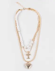 FULL TILT Layered Cross/Pearl Heart Necklace