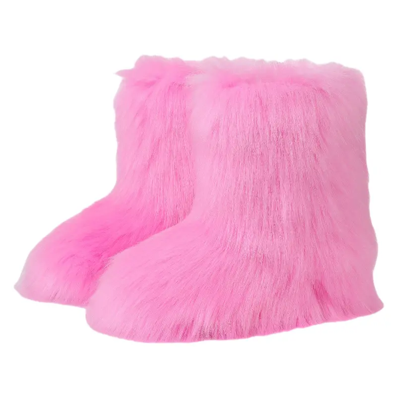 Women's Snow Boots Pink Fluffy Mid-Calf Boots Fashionable Thickened Flat Shoes Warm Plush Lined Winter Boots