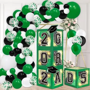 Graduation Decorations 2025, Set Of 4 Green Graduation Boxes With 139Pcs Balloon Arch Garland Kit & 4 String Lights - So Proud Of You Class Of 2025 Decorations