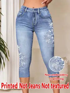 Women's Printed Skinny Pants Pocket Non-Denim Fabric, Ladies Seven-Inch Print Jeans-Like Bottoms, All Seasons Fashion Trouser