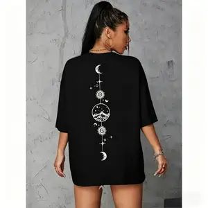 Women's Moon & Sun Print Drop Shoulder Tee - Summer Graphic Tee - Menswear, Breathable