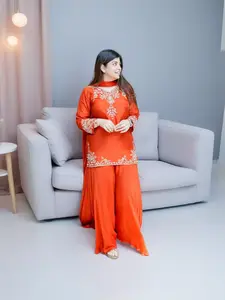 Women's Elegant 3-Piece Designer Festival Party Wear Set - Breathable Chiffon Mul Chanderi Handwork Long Sleeve Top, Comfortable Lightweight Palazzo, Stylish Dupatta