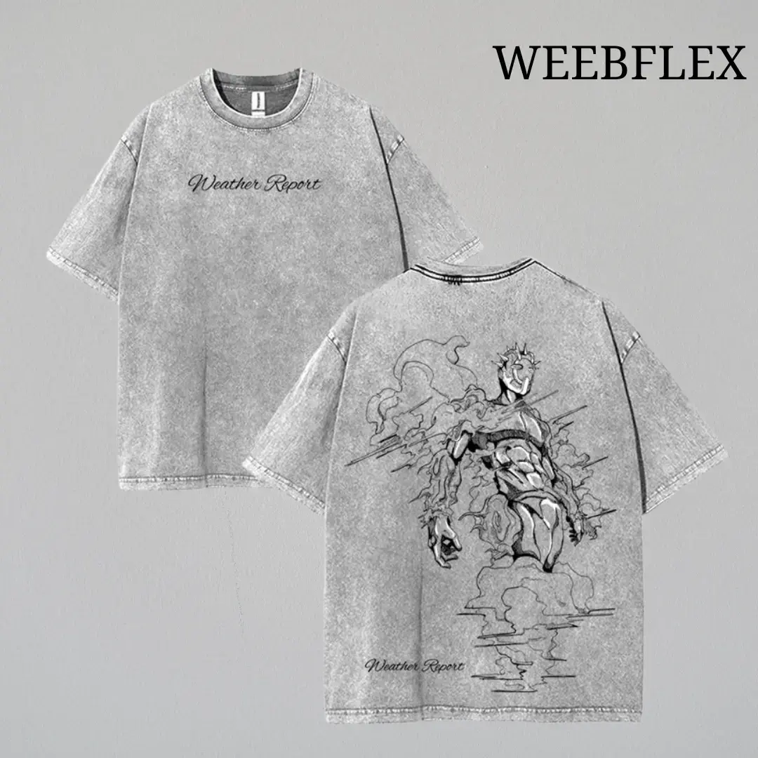 Men's JoJo’s Bizarre Adventure Weather Report Vintage Oversized Wash Cotton Graphic Tee - Soft Classic Seamless Apparel, Unisex Short-Sleeve Round Crewneck Streetwear Gift for Anime Manga Fans, Shortsleeve