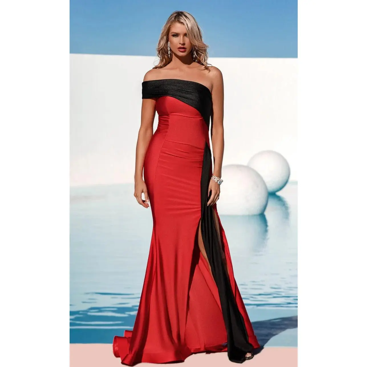 Jessica Angel JA748 One-Shoulder Fitted High Slit Train Prom Red Jersey Dress