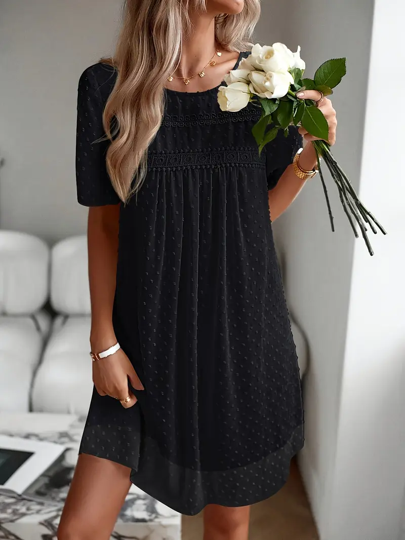 Women's Elegant Short Sleeve Chiffon Dress- A-Line Round Neck with Applique Detail, Machine Washable Lightweight Solid Color All-Season Casual& Formal Wear