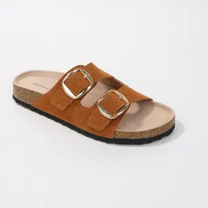 Berness Women's Karen Double Buckle Suede Slide Sandals Camel 8