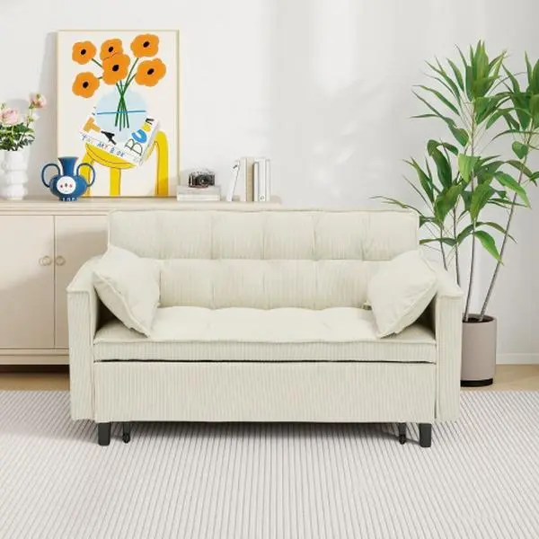 Beige Corduroy Modular 2-Seater Sleeper Sofa (54.30in, 40-56in Range) - Extendable Convertible Loveseat with Pull-Out Bed, Customizable Comfy Couch, Space-Saving Contemporary Furniture for Living Room, Assembly Required (1-3 People), Space Saving Furnitur