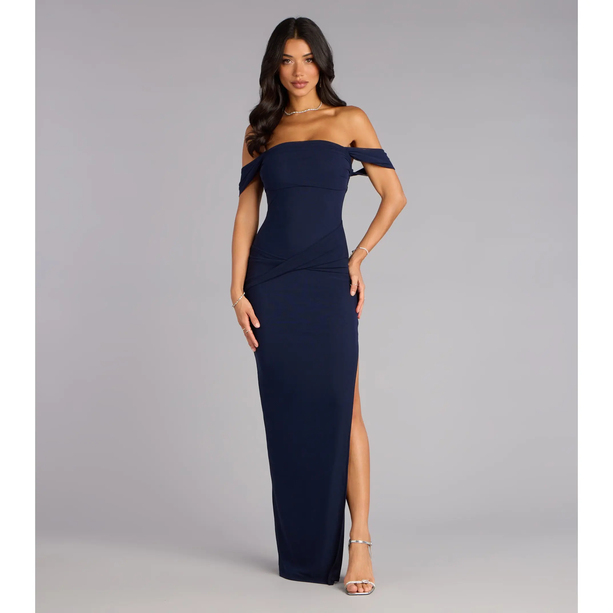 Kara Mesh Off-The-Shoulder Slit Formal Dress